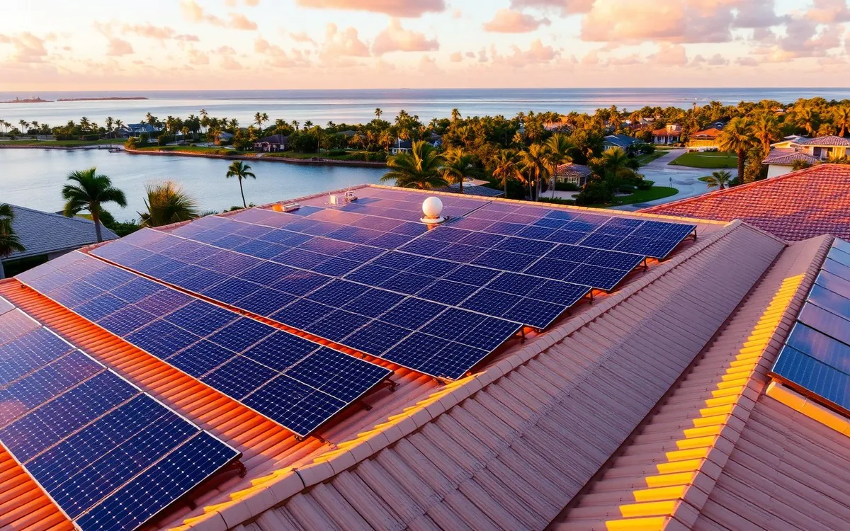 Aerial view of an Origin rooftop solar array at golden hour in Florida